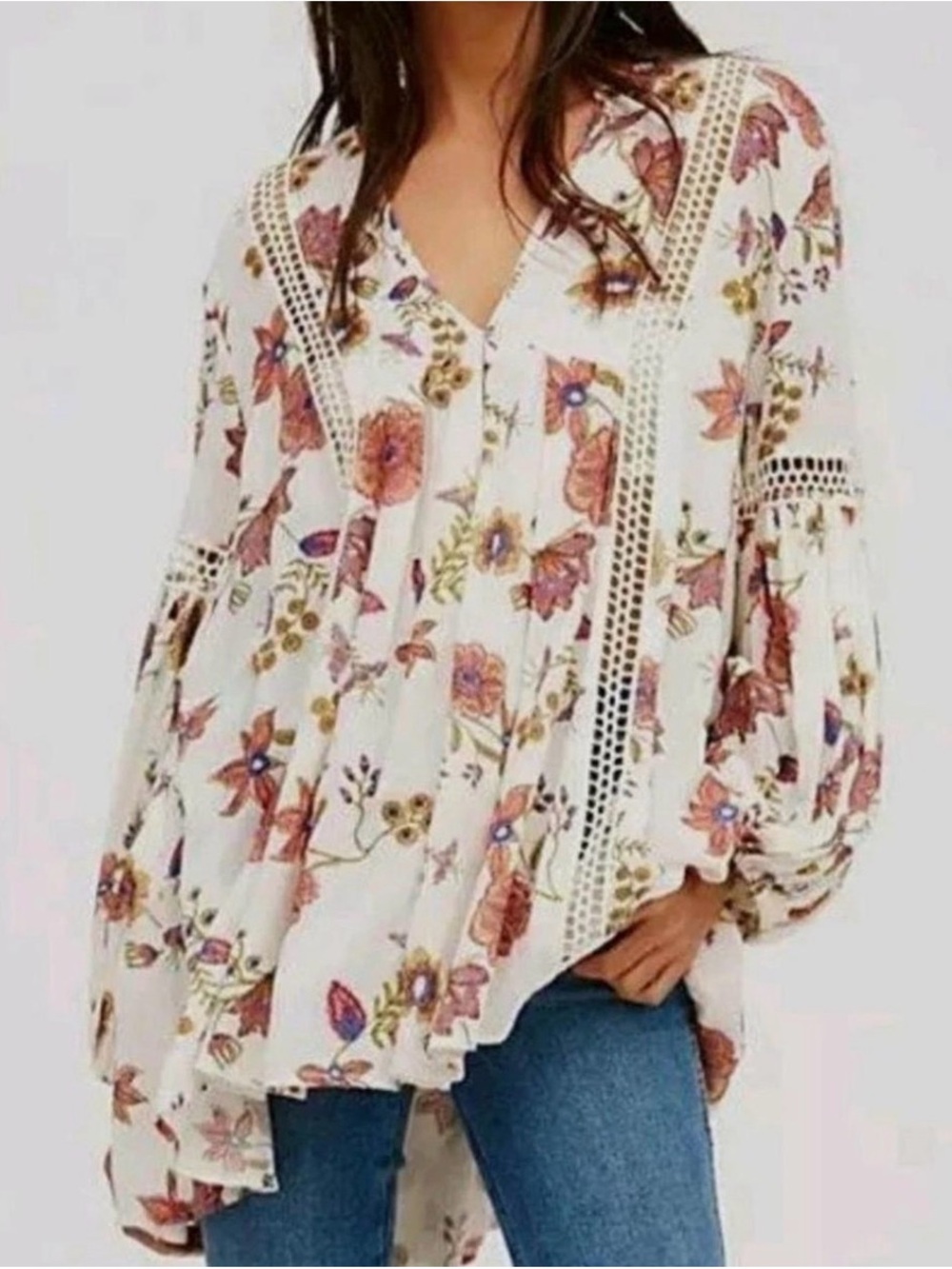 Free People White Floral Crochet-Trim Peasant Tunic